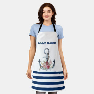 Boat Name,Anchor Flowers Navy Blue Stripes  Apron