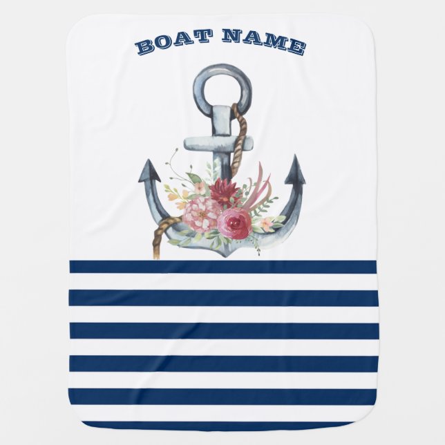  Boat Name,Anchor Flowers Navy Blue Stripes  Baby Blanket (Front)