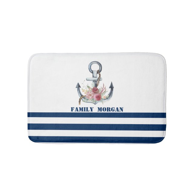  Boat Name,Anchor Flowers Navy Blue Stripes  Bath Mat (Front)