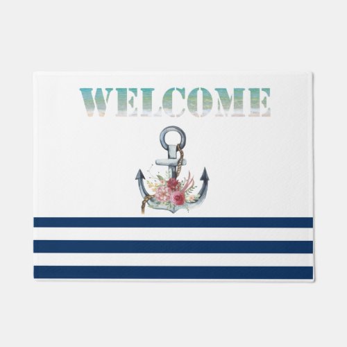  Boat NameAnchor Flowers Navy Blue Stripes  Doormat