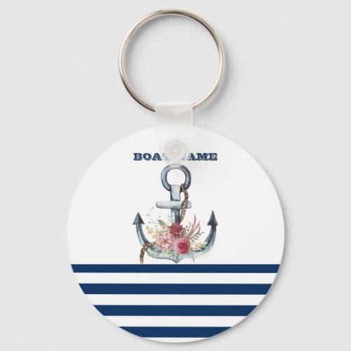  Boat NameAnchor Flowers Navy Blue Stripes  Keychain