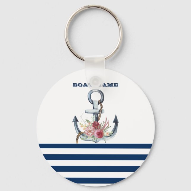  Boat Name,Anchor Flowers Navy Blue Stripes  Keychain (Front)