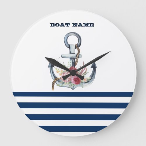  Boat NameAnchor Flowers Navy Blue Stripes  Large Clock