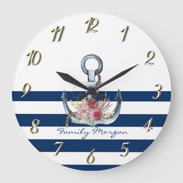  Boat Name,Anchor Flowers Navy Blue Stripes  Large Clock (Front)