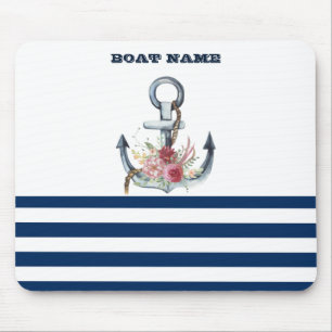  Boat Name,Anchor Flowers Navy Blue Stripes  Mouse Pad