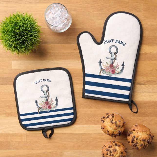  Boat Name,Anchor Flowers Navy Blue Stripes  Oven Mitt & Pot Holder Set (Top Down)
