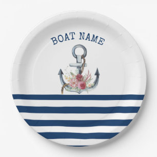 Boat Name,Anchor Flowers Navy Blue Stripes Paper Plates