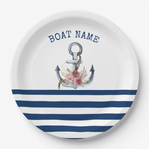  Boat NameAnchor Flowers Navy Blue Stripes  Paper Plates