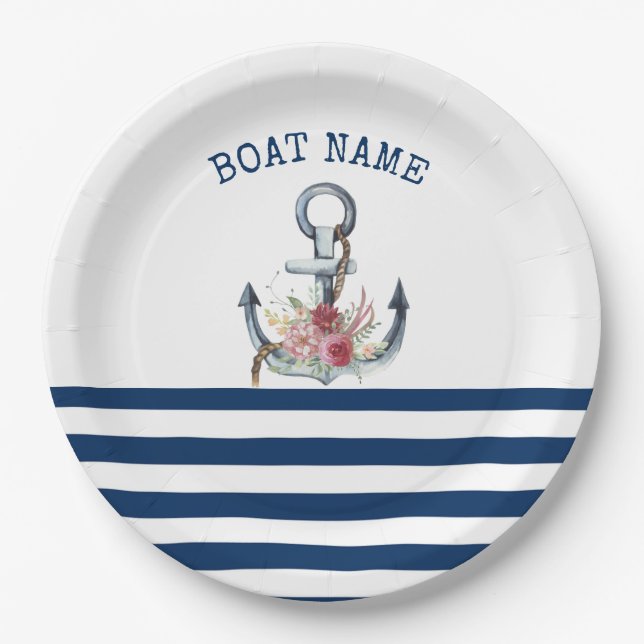  Boat Name,Anchor Flowers Navy Blue Stripes  Paper Plates (Front)