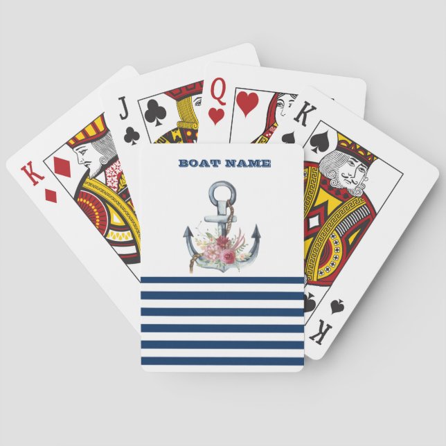  Boat Name,Anchor Flowers Navy Blue Stripes  Poker Cards (Back)