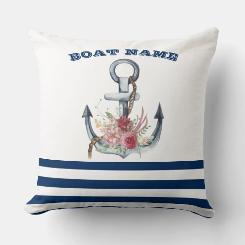  Boat NameAnchor Flowers Navy Blue Stripes  Throw Pillow