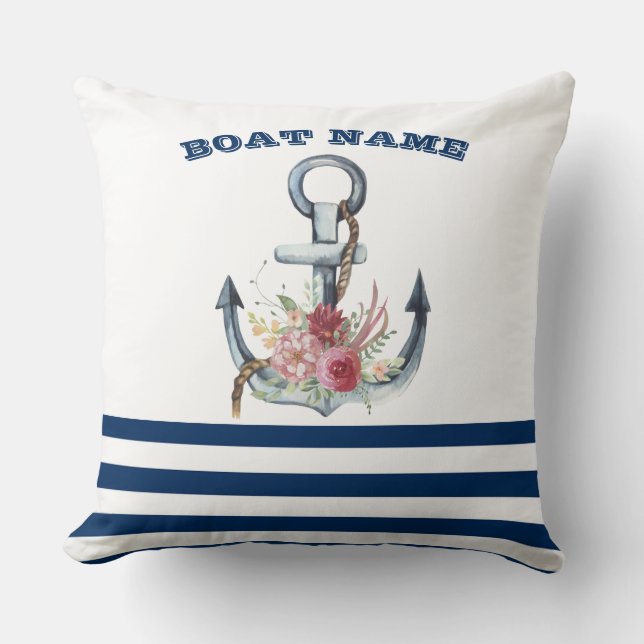  Boat Name,Anchor Flowers Navy Blue Stripes  Throw Pillow (Front)
