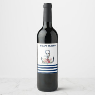 Boat Name,Anchor Flowers Navy Blue Stripes  Wine Label