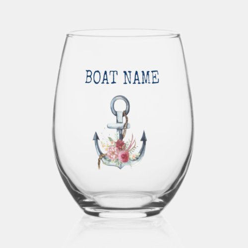  Boat NameAnchor Flowers  Stemless Wine Glass