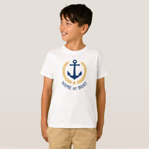 Boat Name Anchor Gold Laurel Leaves Boys White T-Shirt