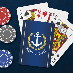 Boat Name Anchor Gold Laurel Rope Stripe Navy Blue Playing Cards
