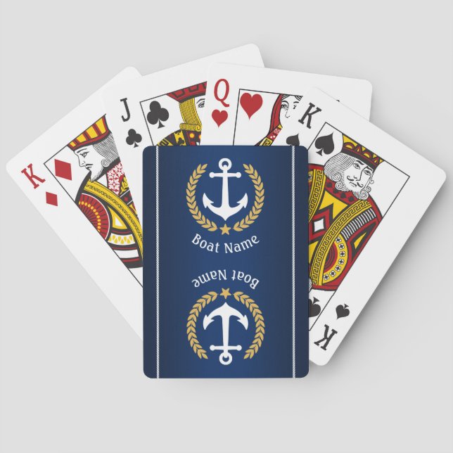 Boat Name Anchor Gold Laurel Rope Stripe Navy Poker Cards (Back)