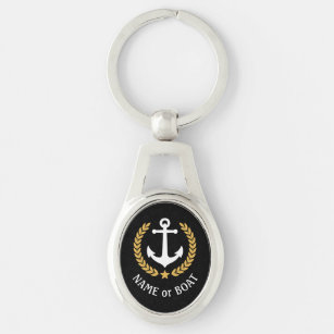 Boat Name Anchor Gold Style Laurel and Star Black Keychain