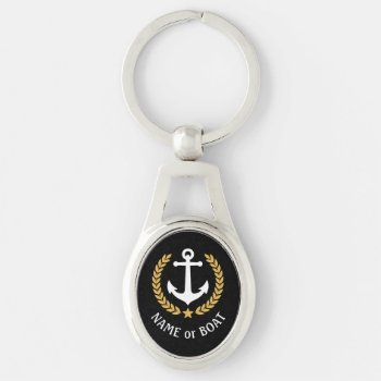 Boat Name Anchor Gold Style Laurel And Star Black Keychain by AnchorIsle at Zazzle