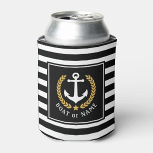 Boat Name Anchor Gold Style Laurel Black Stripe Can Cooler