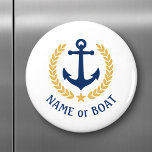 Boat Name Anchor Gold Style Laurel blue white Magnet<br><div class="desc">A Personalized round magnet with your boat name,  family name or other desired text as needed. Featuring a custom designed nautical boat anchor,  gold style laurel leaves and star emblem on white or easily adjust the primary color to match your current theme.</div>