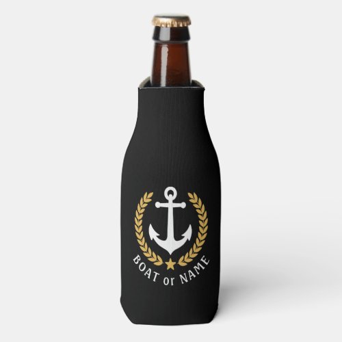 Boat Name Anchor Gold Style Laurel Leaves Black Bottle Cooler