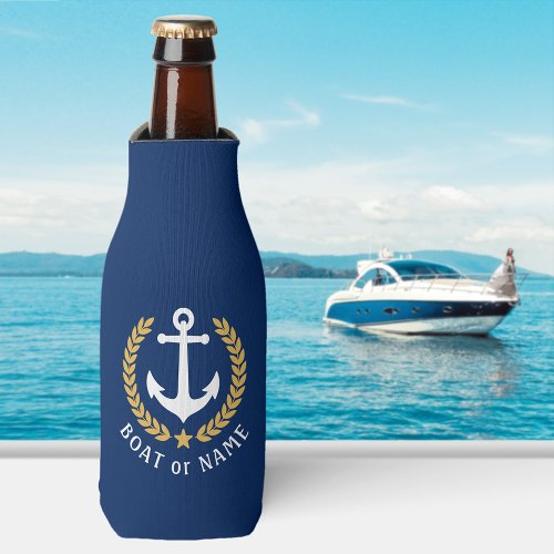 Boat Name Anchor Gold Style Laurel Leaves Navy Bottle Cooler