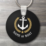 Boat Name Anchor Gold Style Laurel Star Navy Black Keychain<br><div class="desc">A Personalized Keychain with your boat name,  family name or other desired text as needed. Featuring a custom designed nautical boat anchor,  gold style laurel leaves and star emblem on black or easily adjust the primary color to match your current theme. Makes a great any occasion.</div>