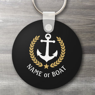 Boat Name Anchor Gold Style Laurel Star Navy Black Keychain
