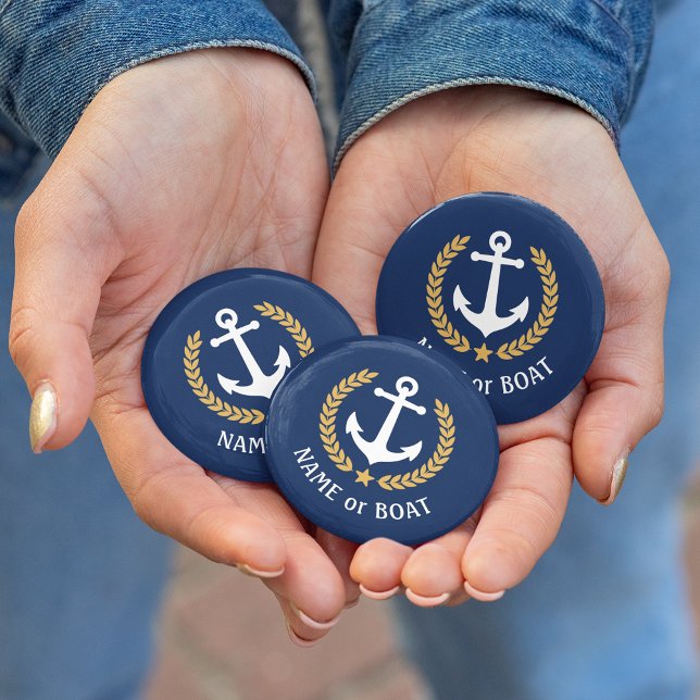 Boat Name Anchor Gold Style Laurel Star Navy Blue Button (Several sizes and shapes to choose from.)