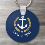 Boat Name Anchor Gold Style Laurel Star Navy Blue Keychain<br><div class="desc">A Personalized Keychain with your boat name,  family name or other desired text as needed. Featuring a custom designed nautical boat anchor,  gold style laurel leaves and star emblem on navy blue or easily adjust the primary color to match your current theme. Makes a great any occasion.</div>