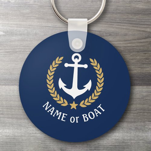Boat Name Anchor Gold Style Laurel Star Navy Blue Keychain