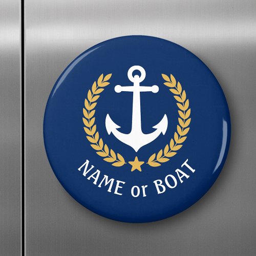 Boat Name Anchor Gold Style Laurel Star Navy Blue Magnet