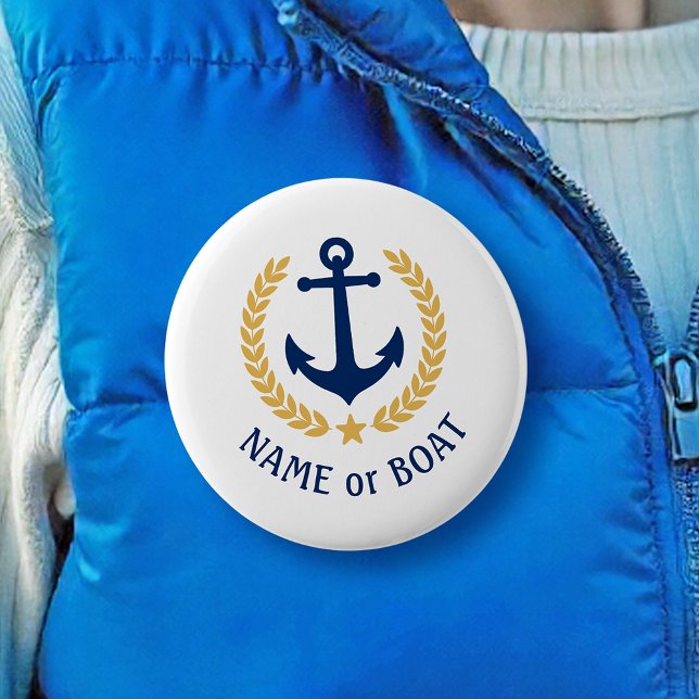 Boat Name Anchor Gold Style Laurel Star Navy White Button (Several sizes to choose from.)