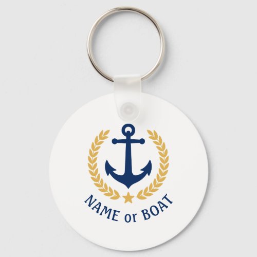 Boat Name Anchor Gold Style Laurel Star Navy White Keychain