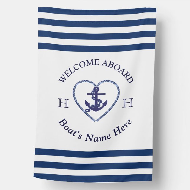  Boat Name Anchor Heart Rope Navy Blue Boat |  House Flag (Front)