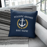 Boat Name Anchor Laurel Welcome Aboard Gold Navy Throw Pillow<br><div class="desc">Personalize your home with Welcome Aboard pillow cushion and your boat name,  family name or other desired text. Featuring a custom designed nautical boat anchor,  gold style laurel leaves and star emblem on dark navy blue or easily adjust the primary color to match your current theme.</div>