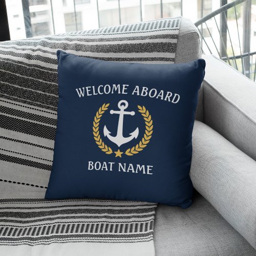 Boat Name Anchor Laurel Welcome Aboard Gold Navy Throw Pillow