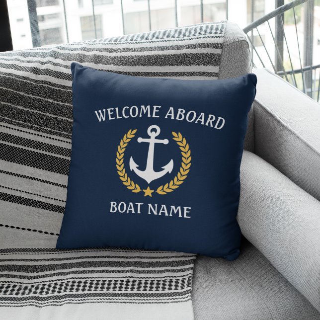 Boat Name Anchor Laurel Welcome Aboard Gold Navy Throw Pillow (Creator Uploaded)