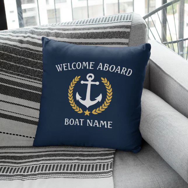 Boat Name Anchor Laurel Welcome Aboard Gold Navy Throw Pillow | Zazzle