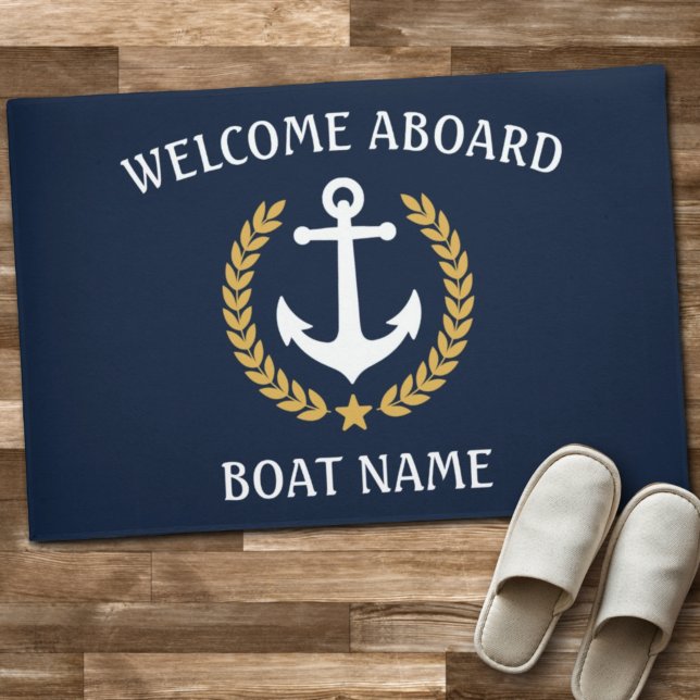 Boat Name Anchor Laurel Welcome Aboard Gold Star Doormat (Creator Uploaded)