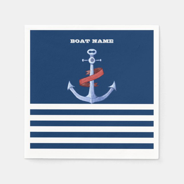 Boat Name Anchor , Navy Blue Stripes Napkins (Front)