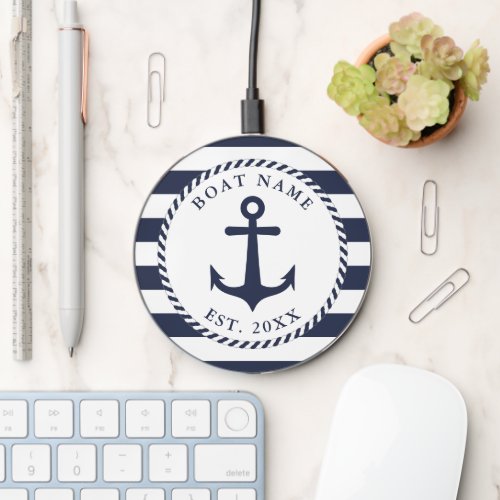 Boat Name Anchor Navy Blue White Nautical Wireless Charger