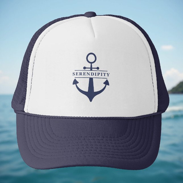 Boat Name Anchor Navy Blue White Personalized Trucker Hat (personalized hat boat name captain nautical coastal beach ocean sea waterfront yacht gift)