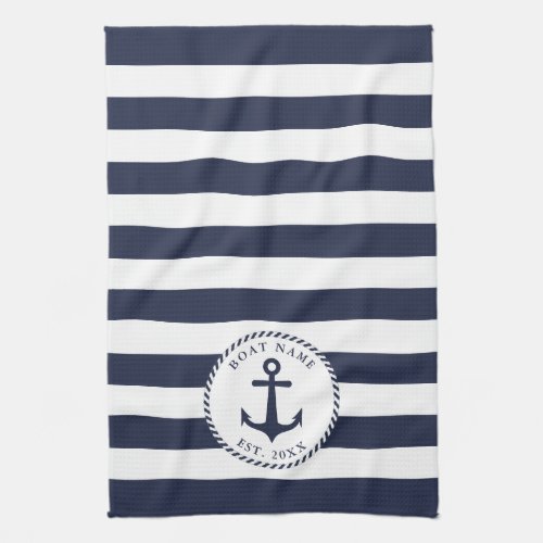 Boat Name Anchor Navy Blue White Stripes Nautical Kitchen Towel
