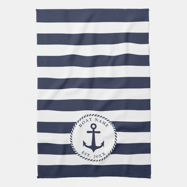 Boat Name Anchor Navy Blue White Stripes Nautical Kitchen Towel (Vertical)