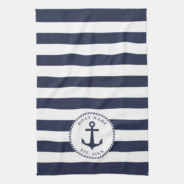 Boat Name Anchor Navy Blue White Stripes Nautical Kitchen Towel Zazzle