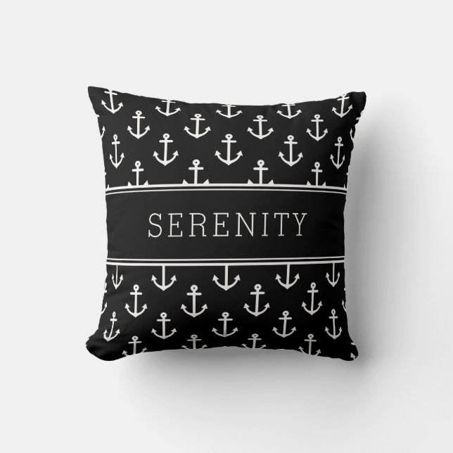 Boat Name Anchors and Stripes Black Throw Pillow (Front)