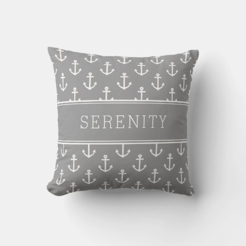 Boat Name Anchors and Stripes Gray Throw Pillow