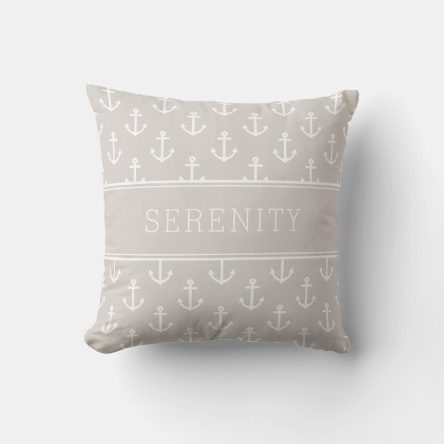 Boat Name Anchors and Stripes Tan Throw Pillow (Front)